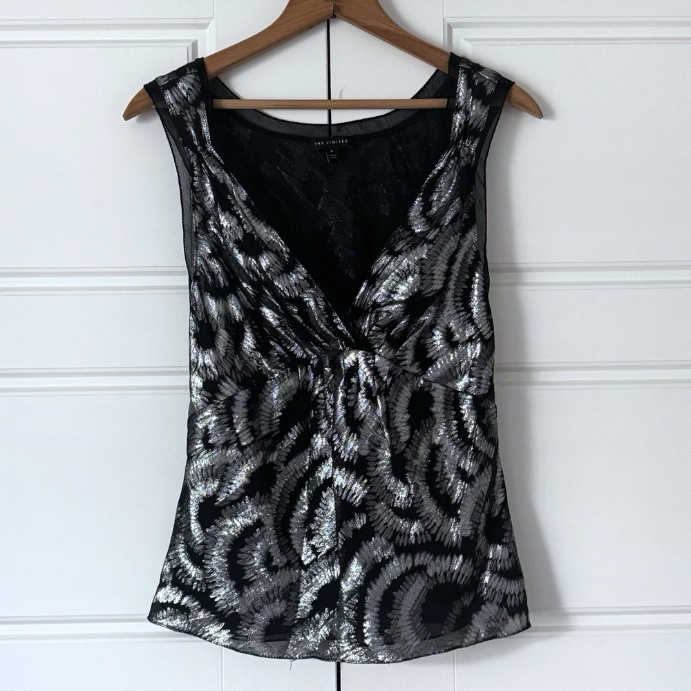 Vintage Y2K Metallic Babydoll Cami Top Medium Black Silver Silk Sheer Whimsygoth